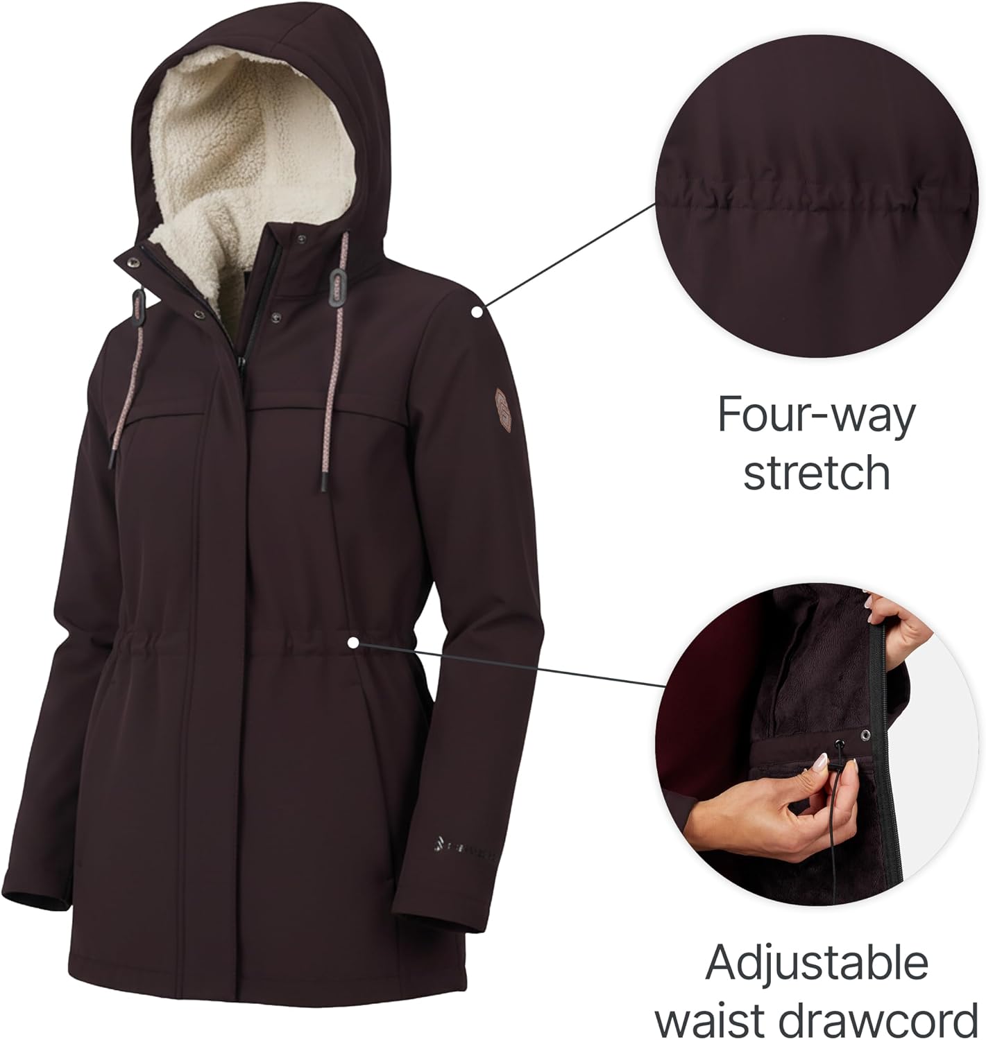 Free Country Women's Softshell Jacket Fleece Lined Warm Insulated Hooded Water & Wind Resistant Coat for Outdoor-Long Super
