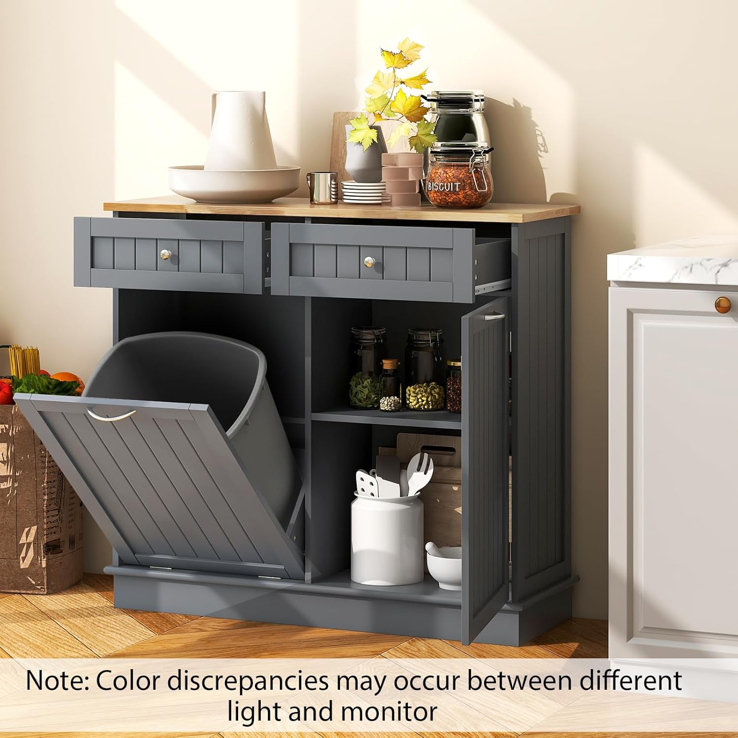 GORELAX Tilt Out Trash Can Cabinet, Kitchen Island with Trash Can Storage, Large Cabinet & 2 Drawers, Adjustable Shelf, Hidden Garbage Can Cabinet for Laundry, Kitchen, Bathroom (Gray)