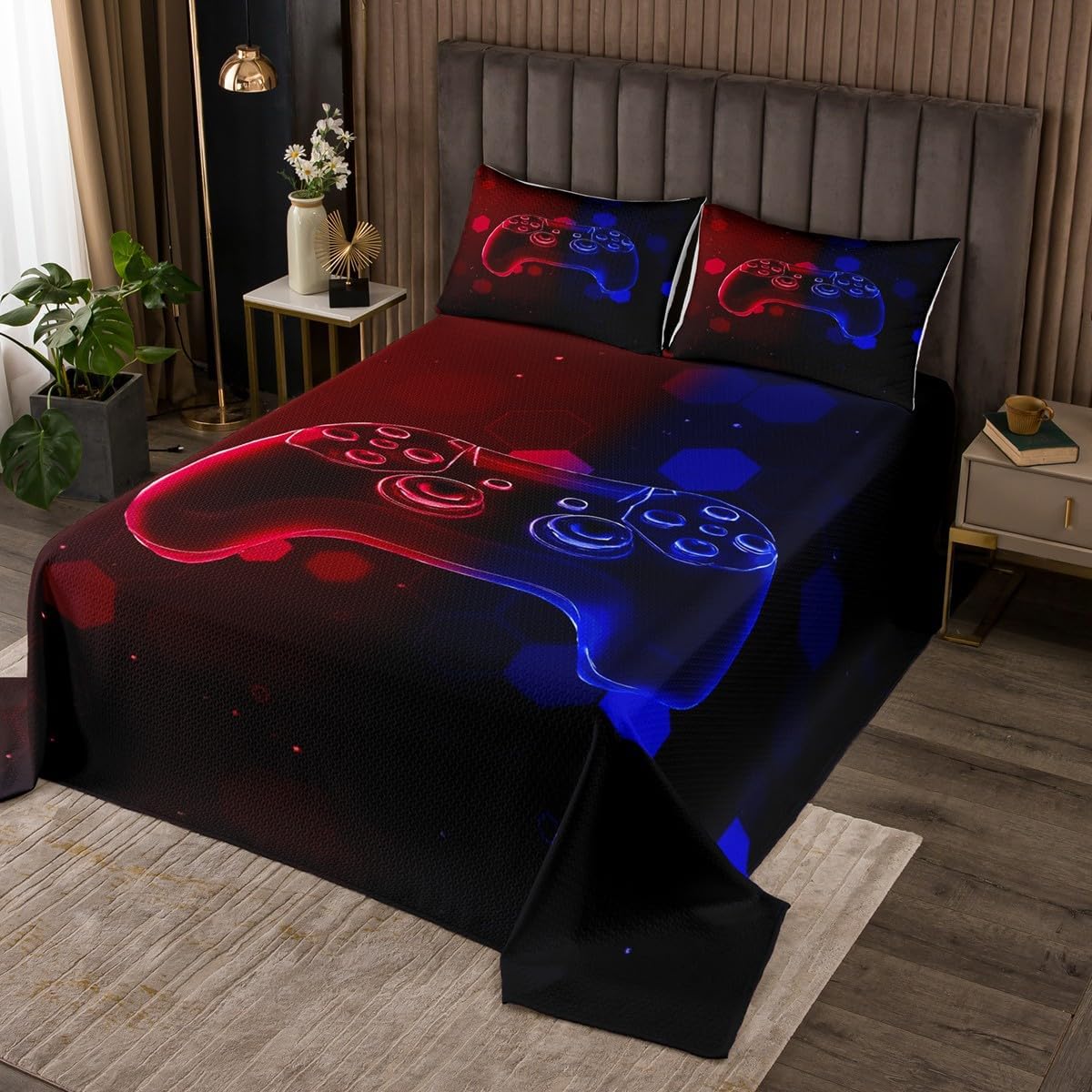 Erosebridal Gamer Boys Coverlet Set King Size Game Controller Bedding Set for Kids Boys Teens Spots Hexagon Quilted Coverlet Grey Honeycomb Modern Quilted
