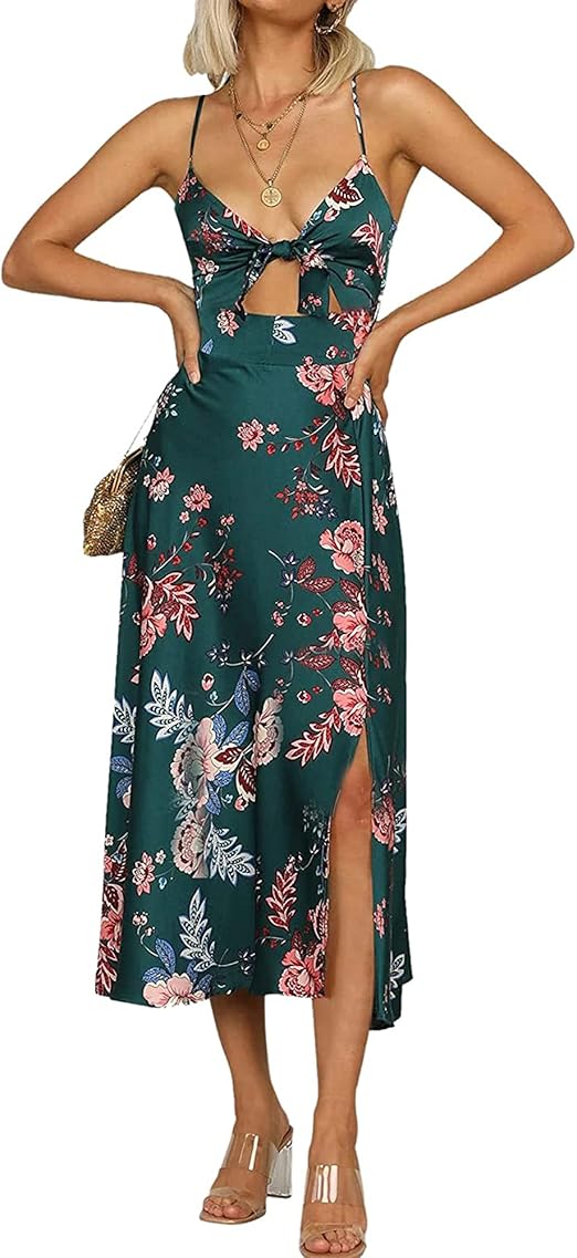 Women Spaghetti Strap Midi Satin Dresses Tie Front Backless Split Hollow Dress