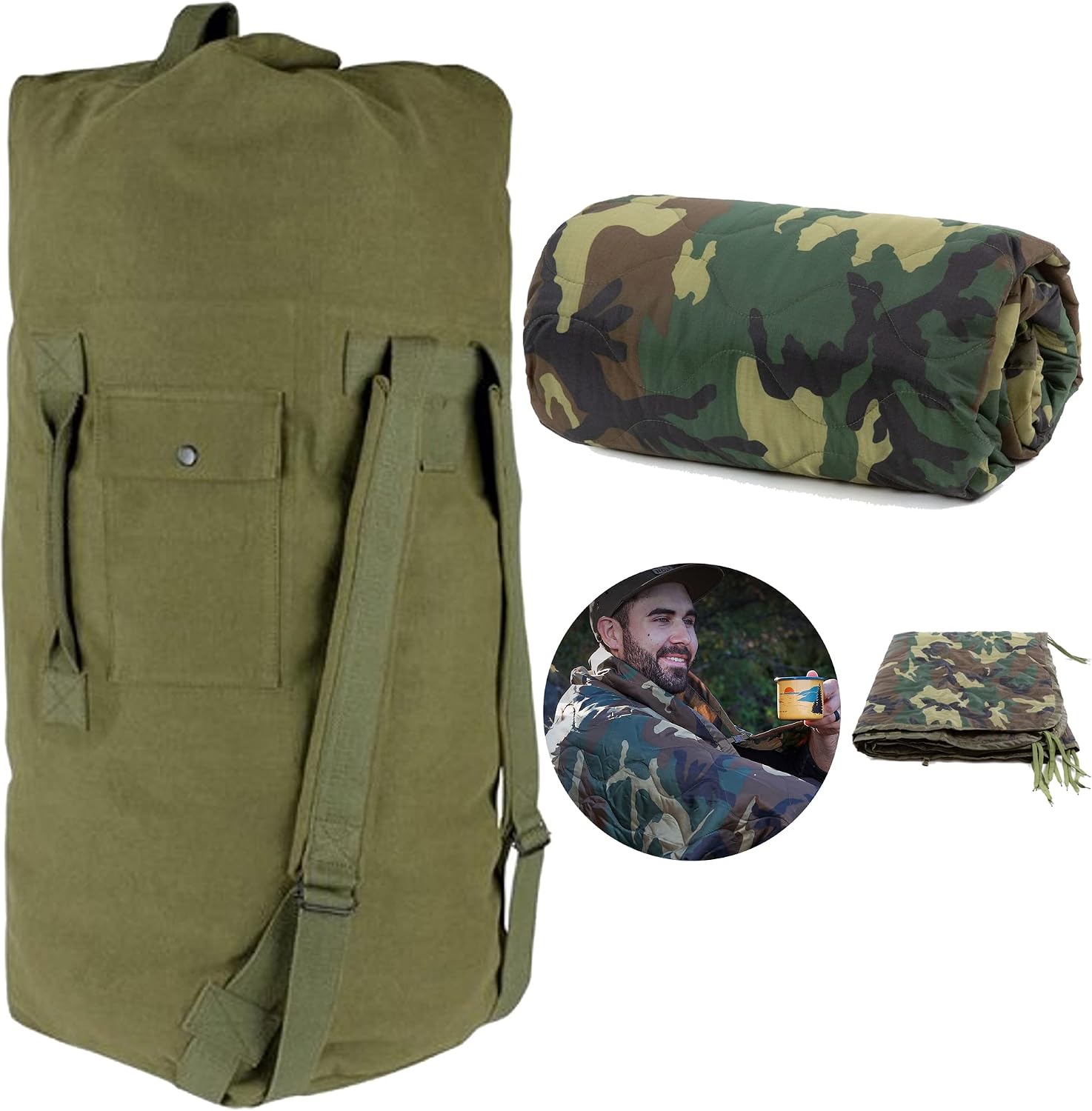 Farm Blue Bundle Military Duffle Bag and Military Camping Blanket