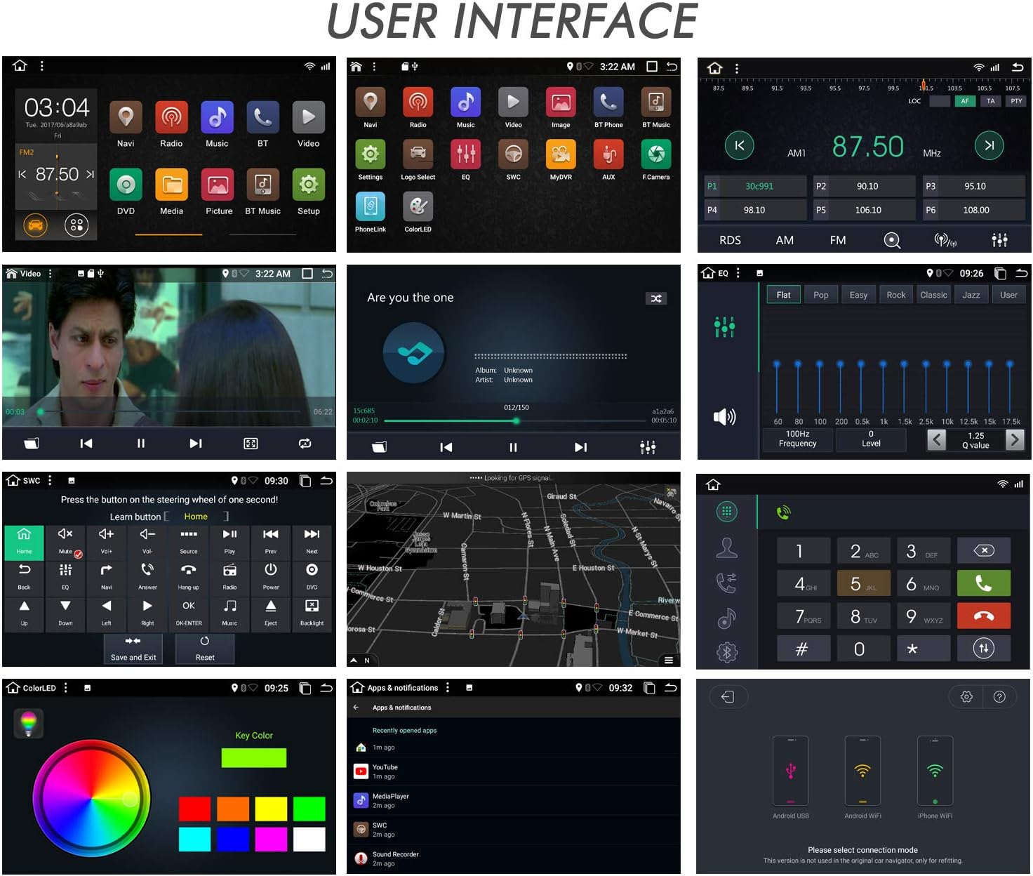 Различные экраны пользовательского интерфейса стереосистемы EinCar