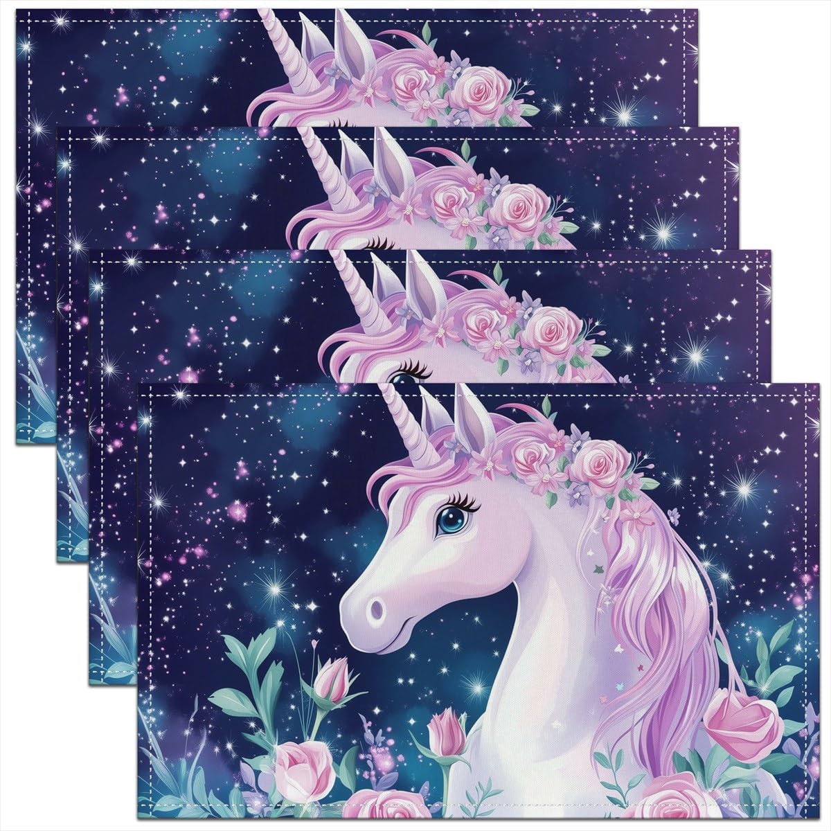 Unicorn Placemats Set of 4 for Kids Boys Girls Girls Cute Unicorn Placemat for Kitchen Dining Table Decor 18"x12" Rose Table Placemats Decor Soft Lightweight