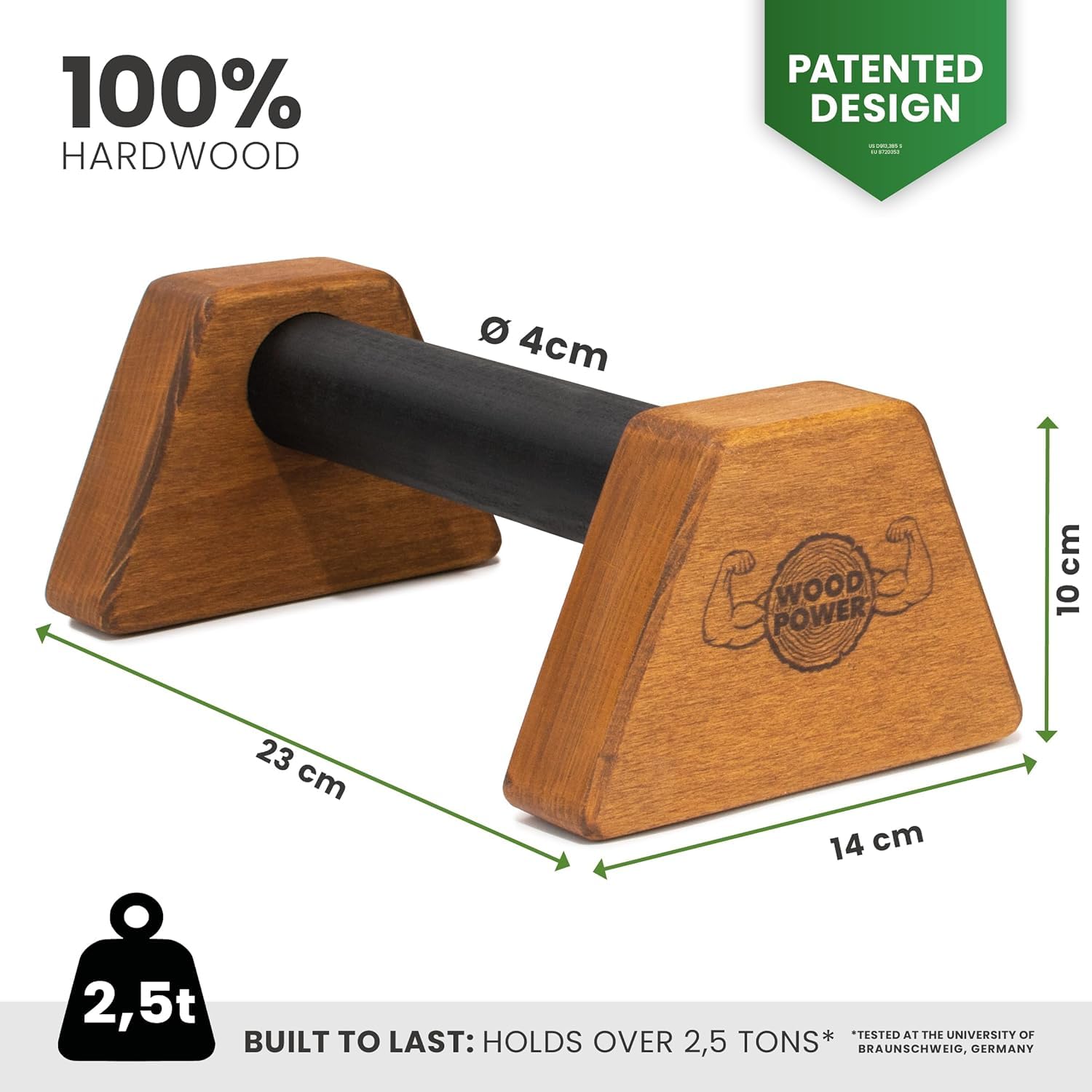 WOODPOWER® PowerBars Holz-Parallettes für Liegestütze, Liegestützgriffe Holz, Handstände, Yoga & Calisthenics, rutschfest, für Indoor & Outdoor, gelenkschonend, Körpergewichtstraining