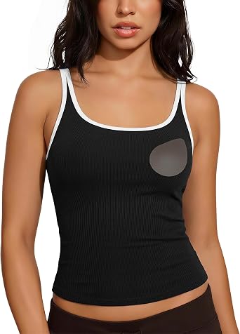 SUUKSESS Women Padded Cotton Ribbed Tank Tops Casual Summer Going Out Sleeveless Scoop Neck Basic Cami Tops