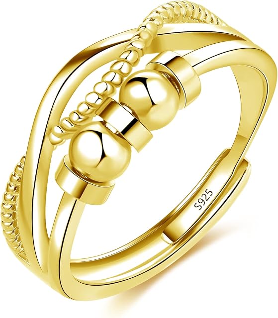 Loutade Silver Anxiety Rings, 925 Sterling Silver Anxiety Fidget Ring, Silver Rings for Women with Beads, Adjustable Open Mood Rings for Stress Relief, Infinity Bead Rings Relaxing Gifts for Men