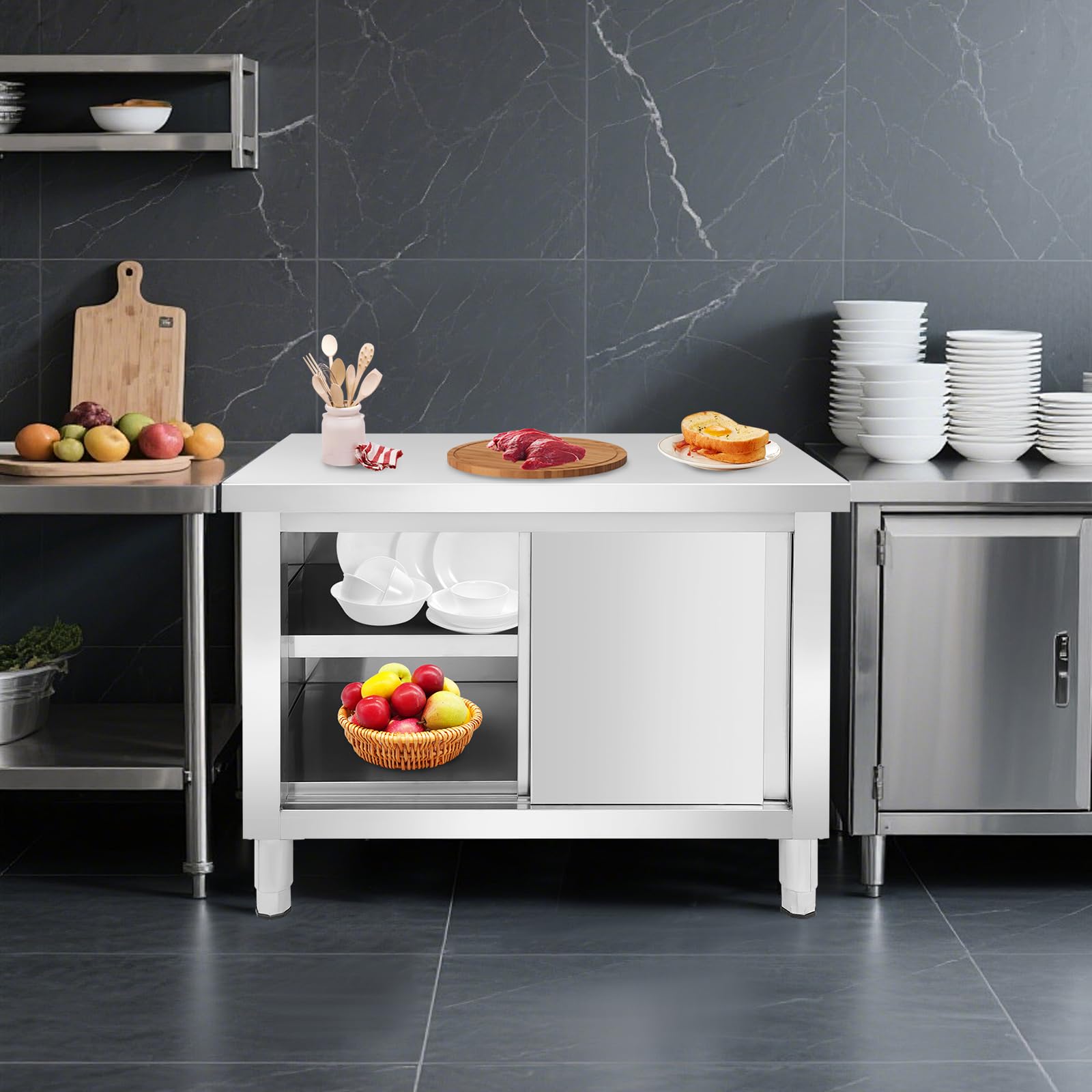 Edelstahl Schrank mit Schiebetüren, Outdoor Küche Edelstahl Tisch Gastro, Freistehender Arbeitsschrank Küchenarbeitstisch für Restaurant, Garage und Küche (100 * 60 * 80cm)
