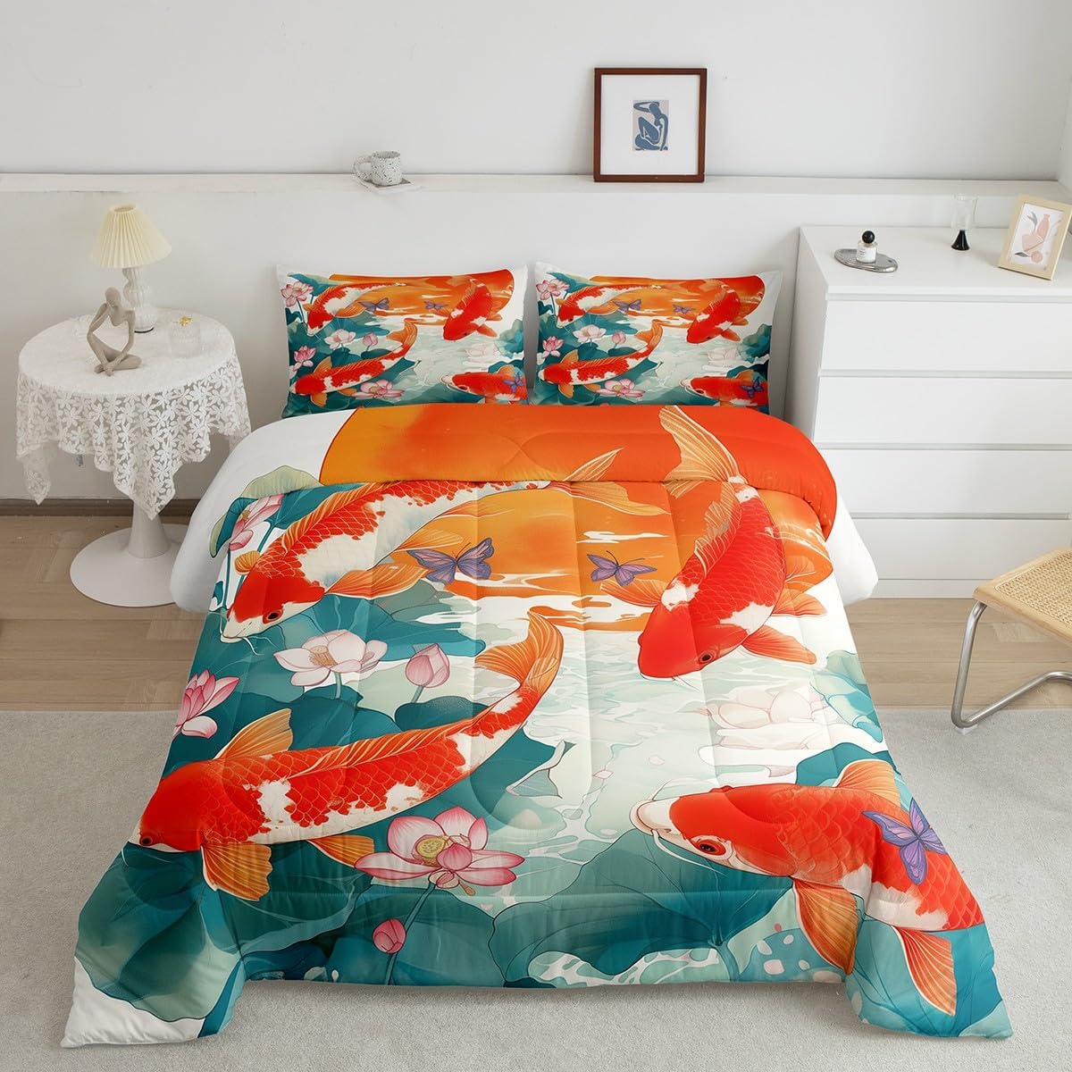 Japanese Style Queen Bedding Set Red White Koi Comforter Set Queen, Oriental Ink and Wash Bedding Comforter Sets Pink Lotus Down Comforter, Botanical Plants Bedding Comforter Sets Hippie Room Decor