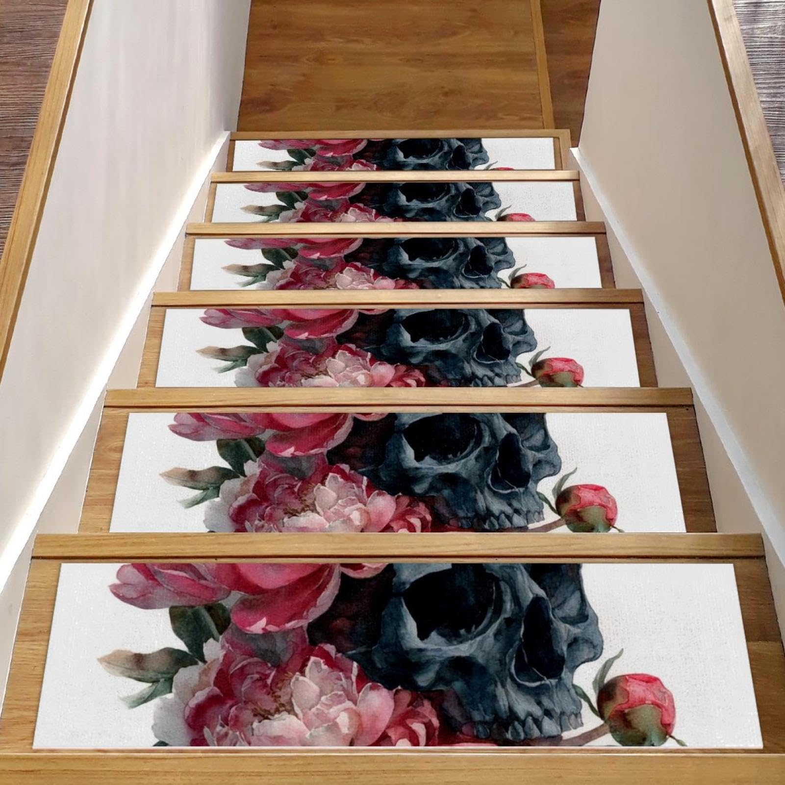 Alfombrillas de escalera decorativas de madera estilo calaveras y flores para el hogar
