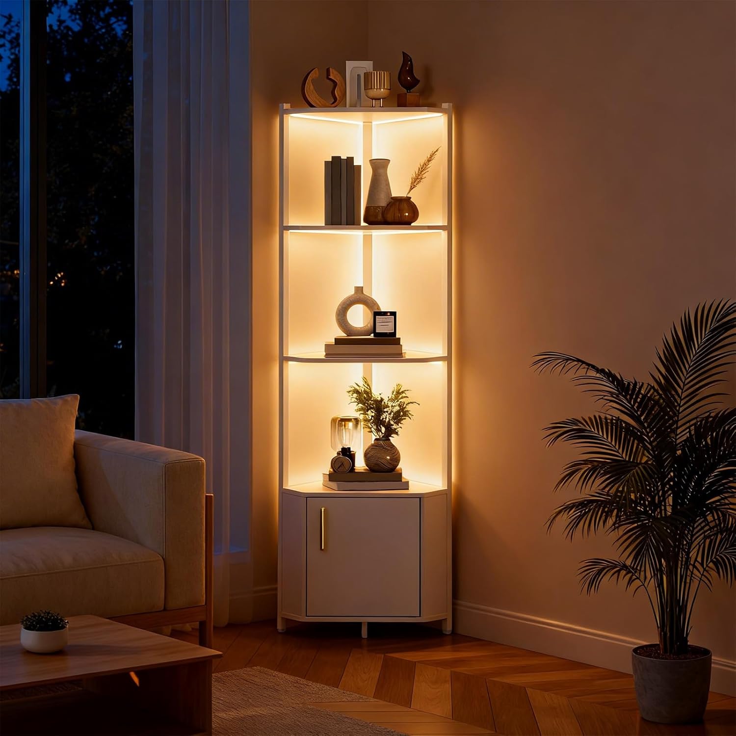 GarveeHome Corner Shelf Stand with Lights, 5-Tier 58 Inch Tall Corner Shelf with Wooden Shelves for Storage Display, Plant Stand for Living Room, Bedroom