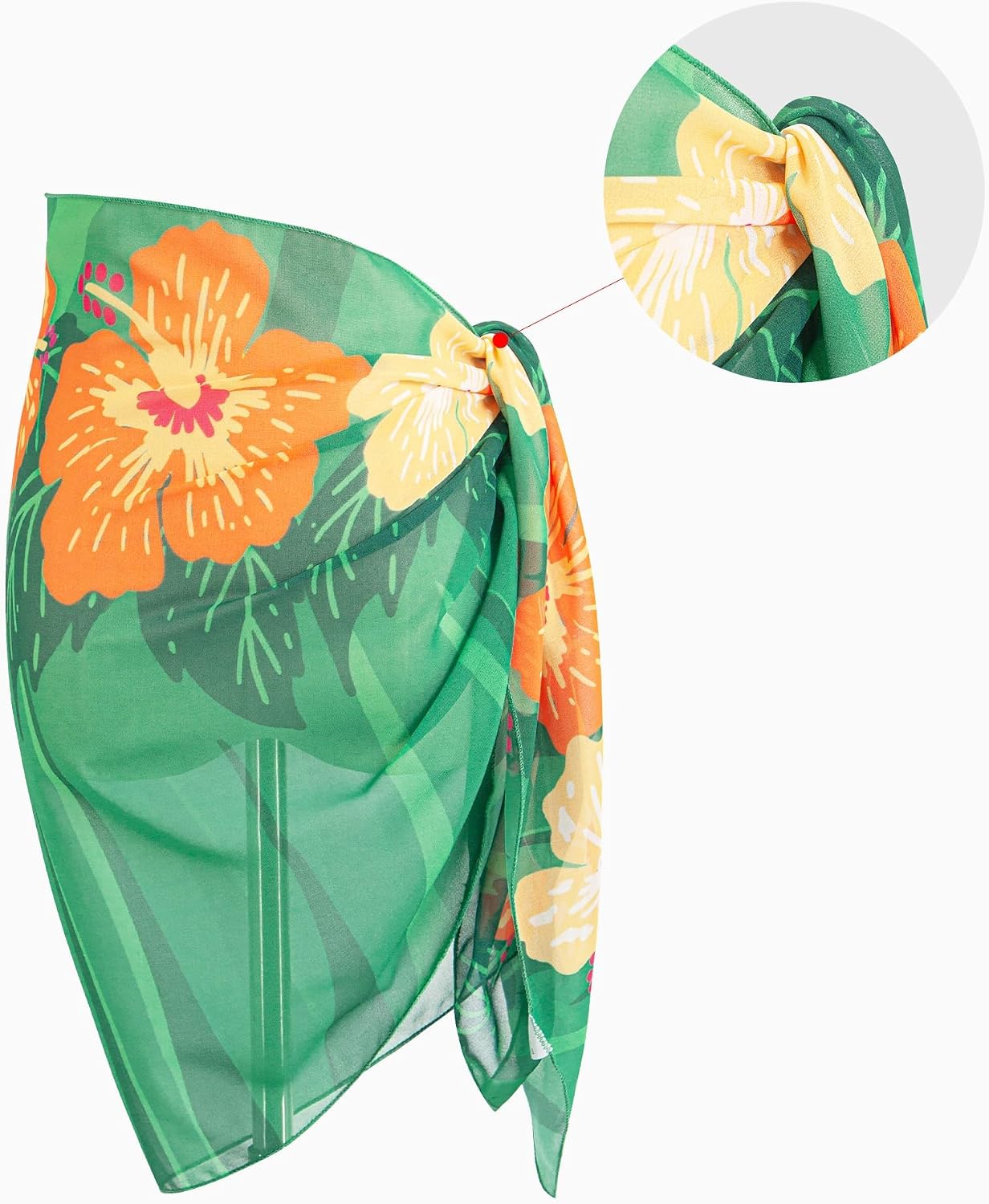 Girls Green Floral Chiffon Sarong Swimsuit Cover Up - Beach Wrap Bathing Suit Coverup, One Size for 7-15 Years