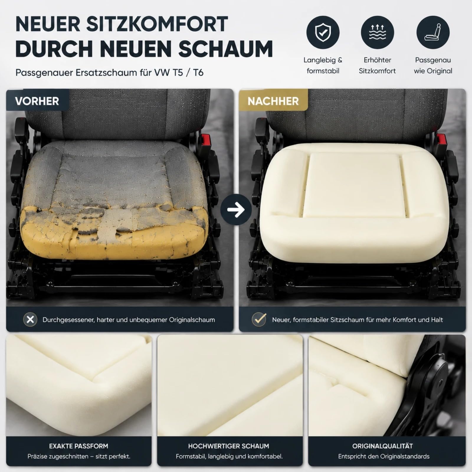 Autositzkissen Sitzpolster Schaumstoff Schaumpolster Sitzschaum Kompatibel mit VW T5 T6 Transporter Caravelle 2003-2024