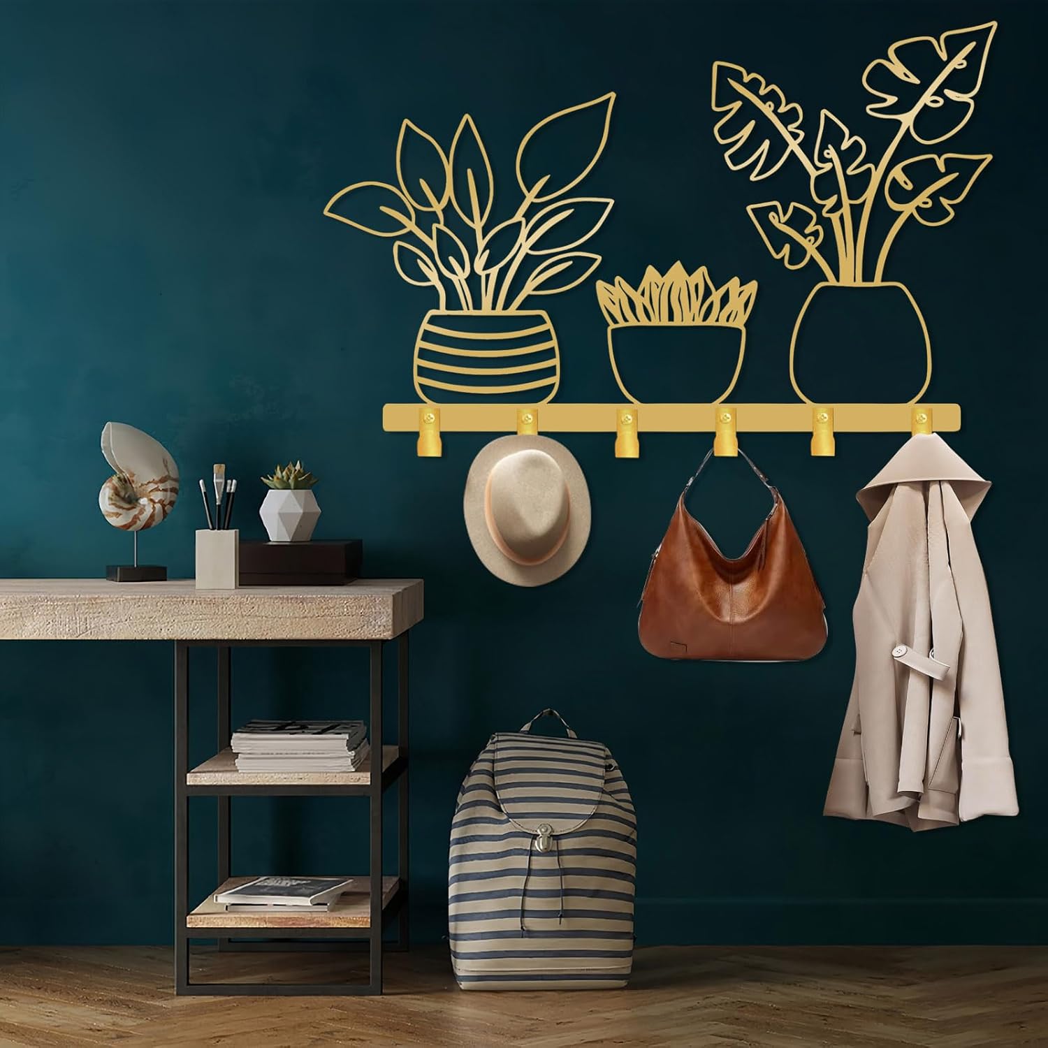 Metal Planter Coat Rack, Rustic Vase Wall Mounted, Botanical Flower Wall Mounted, Flower Key Hat Clothes Hooks, Nature Home Decor (Black, 11"x19"|28x47cm)