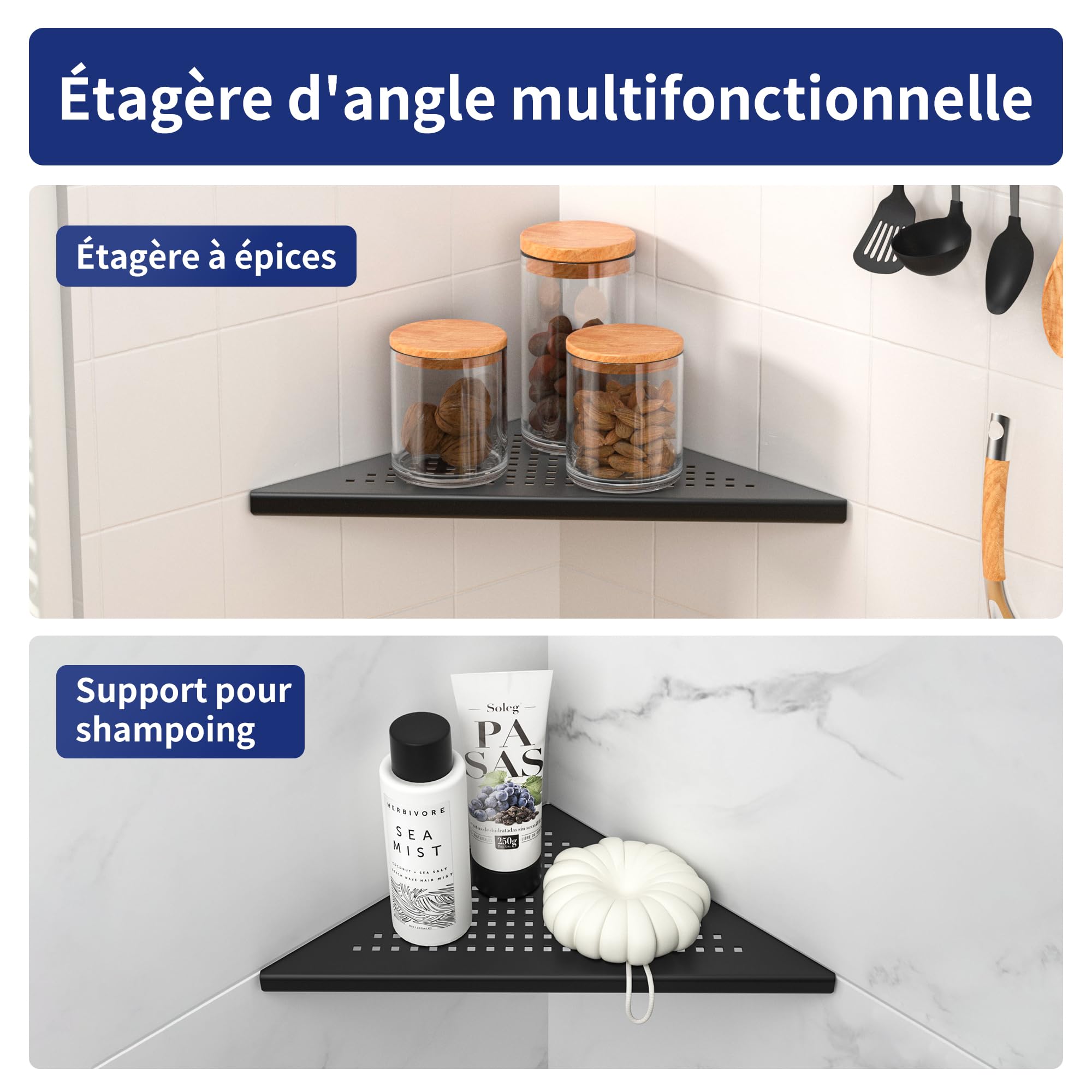 Lot de 2 étagères d'angle en Acier Inoxydable 304 - sans perçage - pour Salle de Bain - Trou carré - 253 x 253 x 355 mm - Noir