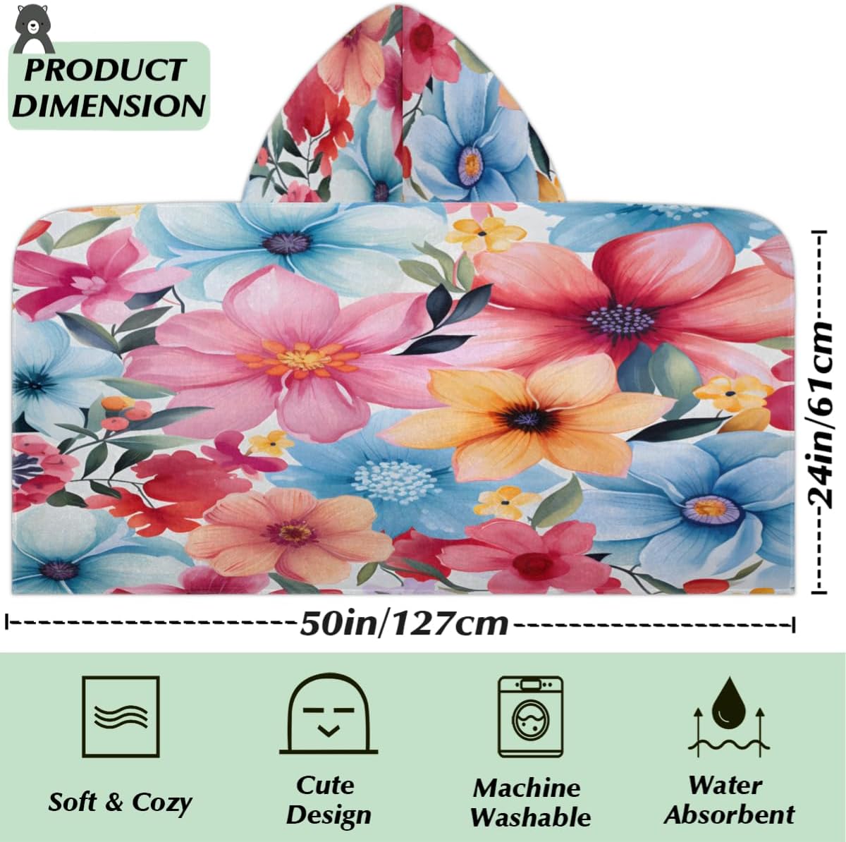 Pardick Kids Bath Towel Spring Colorful Florals Beach Towel with Hood Pool Cover Up for Girls Boys Soft Absorbent Hooded Bath Towel Toddler Towels for Beach, Pool