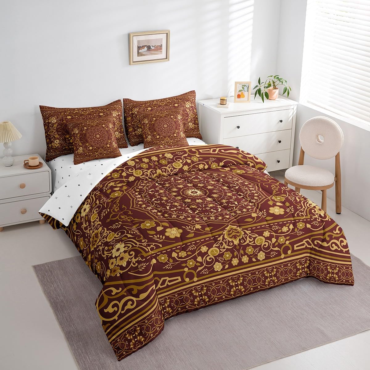 Erosebridal Retro Floral 7 Pcs Comforter Set Full Tribal Exotic Bedding Set Boho Antique Fashion Retro Red Yellow Bed in A Bag Sheet Set Vintage Bohemian Fashion Duvet Set for Women Men