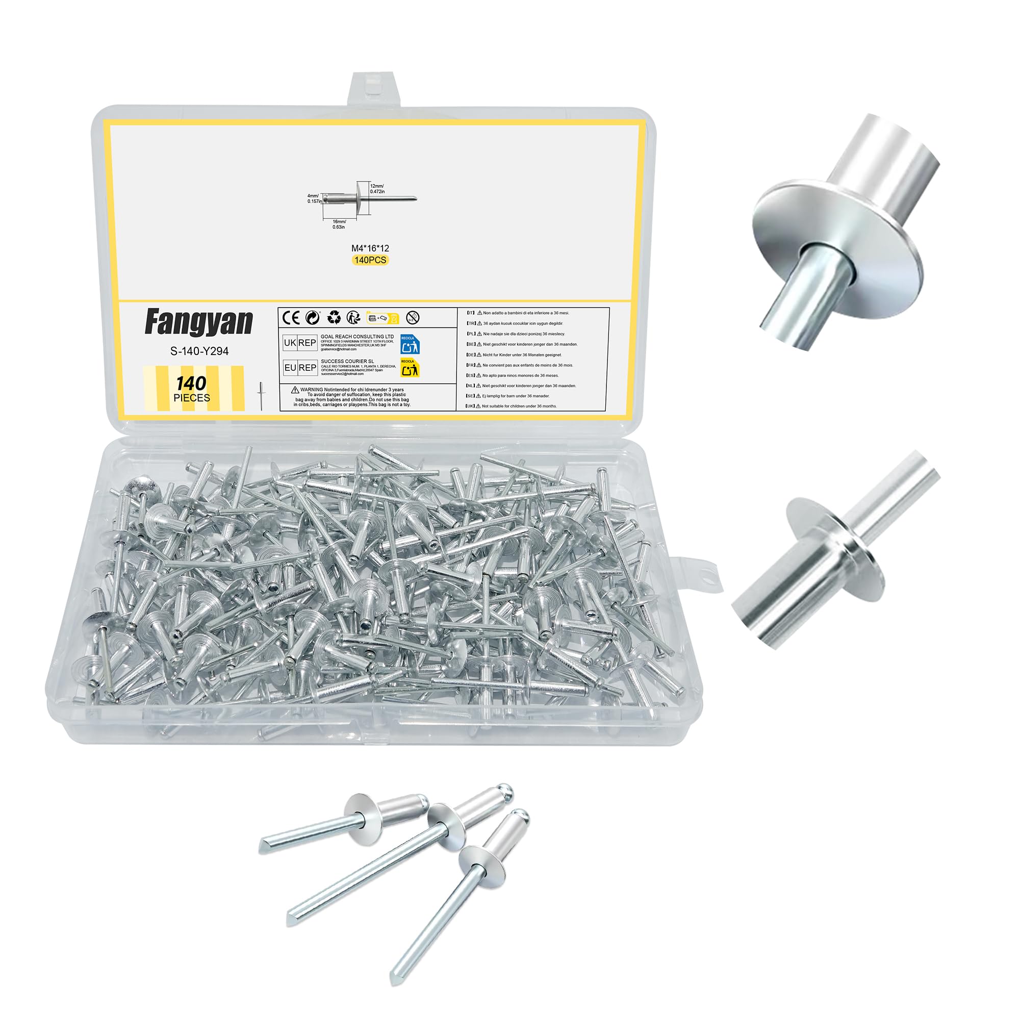 Fangyan 4x16mm Aluminium Blind Rivets, 140Pcs Large Flange Pop Rivets, Durable Fasteners for Furniture, Automotive, Metal Sheet & General Repair