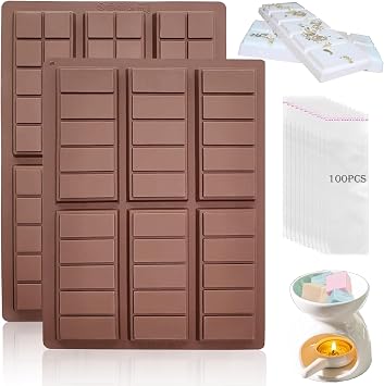 Wax Melt Molds Silicone,Chocolate Bar Mold for Stuffed Bar,Chocolate Candy Molds,Thick Silicone Candle Mold with 100pcs Storage Bags 2 Style
