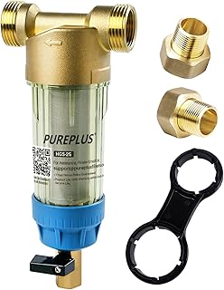 PUREPLUS 40 Micron Whole House Spin Down Sediment Water Filter With Scrapper, Reusable Flushable Pre-Filtration System for City/Tap water, 1" MNPT + 3/4" FNPT + 3/4"MNPT, Brass, BPA Free, USA Tech