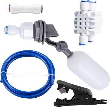 RO/DI Float Valve Kit for Reef Tank and Aquarium ATO Auto Top Off | For reverse osmosis systems, includes shut-off valve, float and check valves, 1/4 inch tubing, and tubing cutter