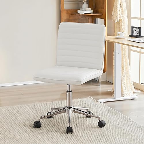 Miniatura 7 de Furnimart Silla de escritorio de oficina de cuero sintético, silla de trabajo ajustable para el hogar, silla giratoria con ruedas lisas (blanco