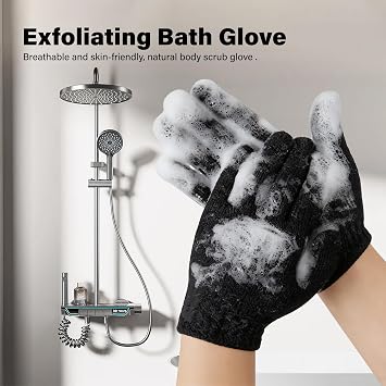 1 Pair Exfoliating Gloves - Bamboo Shower Gloves - Bath and Body Exfoliator Mitts - Scrubs Away Ingrown Hair and Dead Skin - for Shower, Spa, Massage and Dead Skin Cell Remover - Black