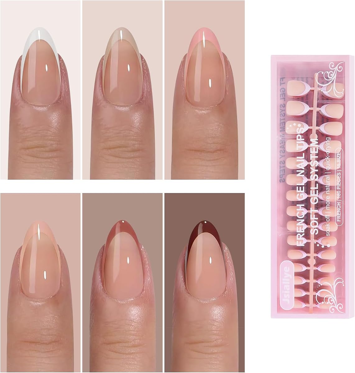 French Tip Press on Nails, 180Pcs Short Almond Matte, 6 Shades | Pre-shaped Series, Salon Grade Natural Look, 4 Weeks Wear, Easy Application for Women & Beginners, 15 Szies, Nail Tips Only
