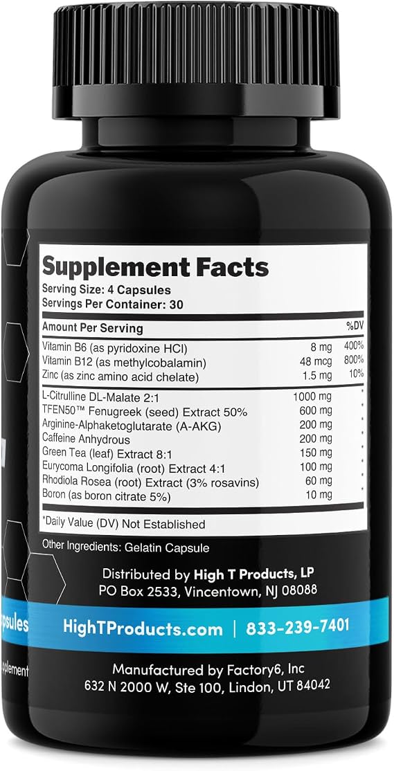 High T Black Hardcore Testosterone Booster for Men - Nitric Oxide Muscle Pump, Energy & Stamina - Fenugreek & L-Citrulline for Peak Performance & Libido Support 120 Capsules (30 Day Supply)