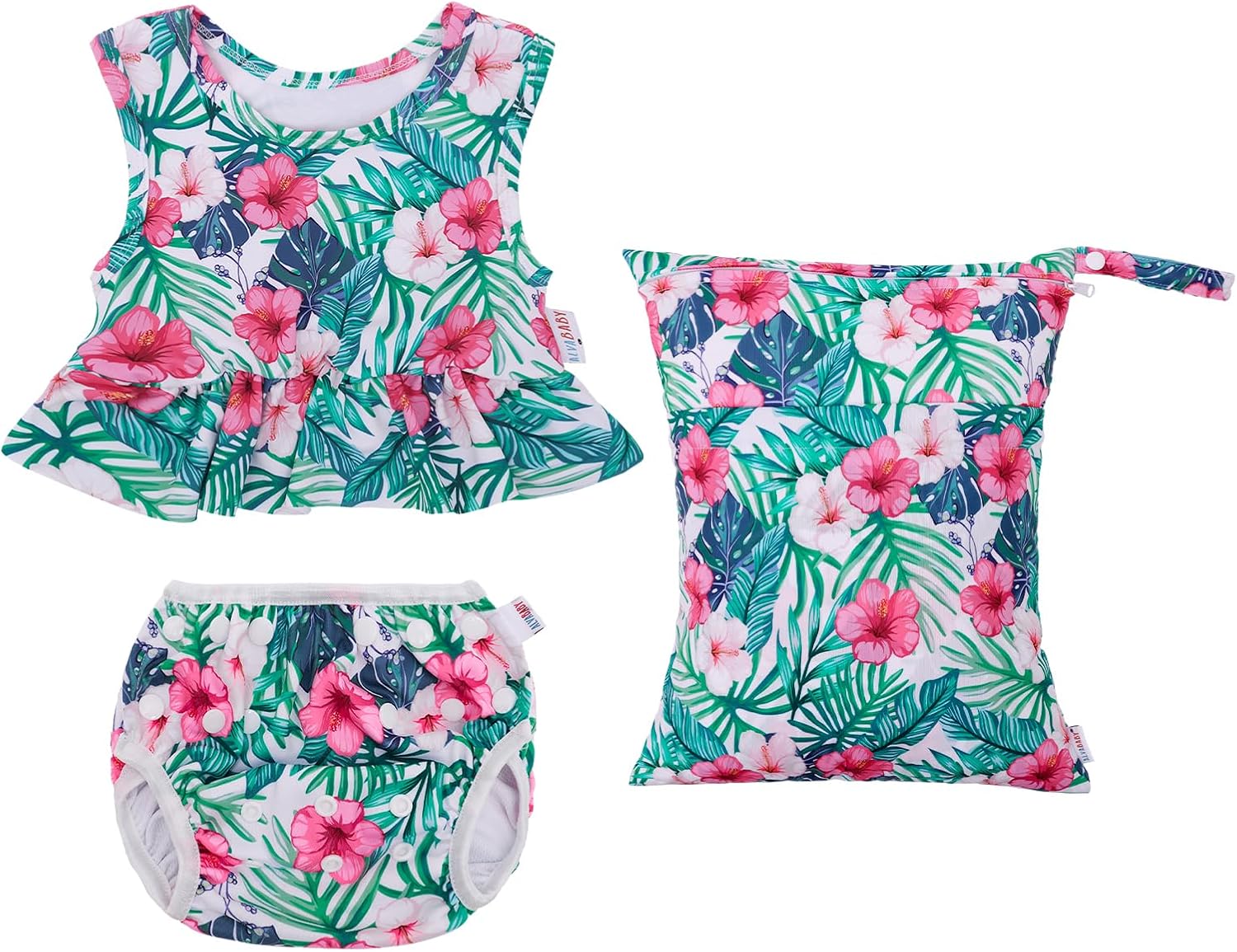 ALVABABY Baby Reusable Swim Diaper with Matching Top,Girl Swimsuit with Waterproof Wet Dry Bag,Sleeveless Tankini Swimwear