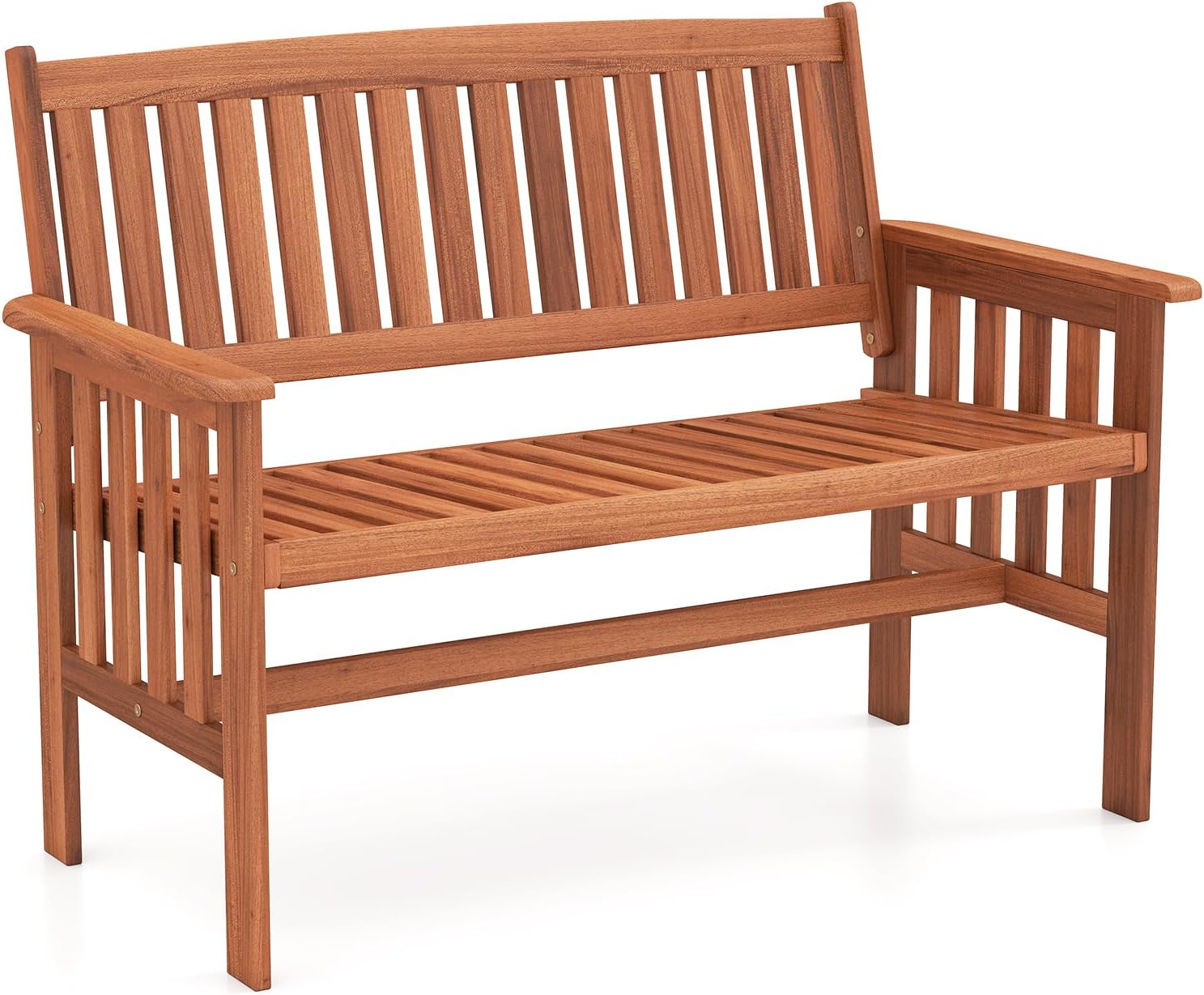 Tangkula Outdoor Wood Garden Bench, 2-Person Patio Park Bench with Backrest, Armrests and Slatted Seat, Outside Loveseat Furniture for Front Porch, Balcony, Deck and Yard