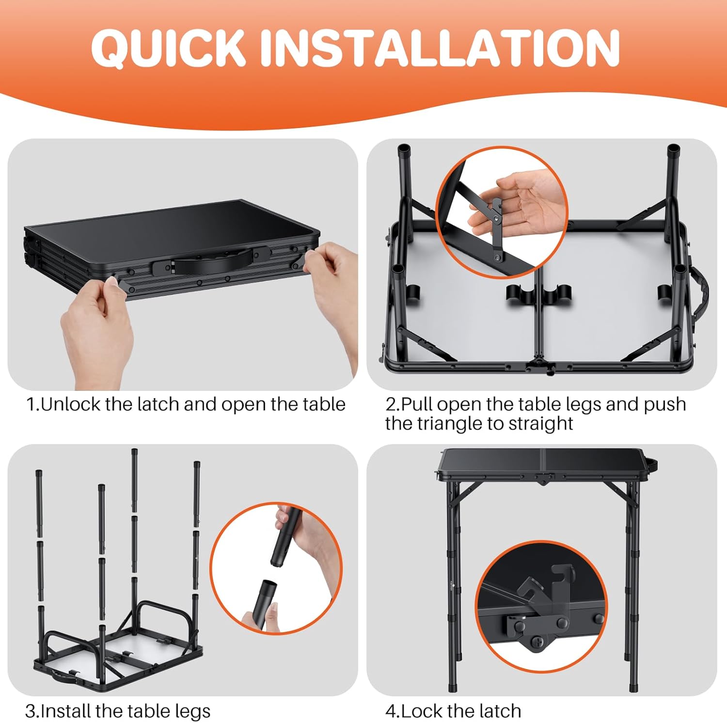 FUNYKICH 2ft Small Foldable Camping Table(22.8'' Lx15.7'' W), 3 Height Adjustable Portable Folding Table, Lightweight Aluminum Outdoor Table with Carry Handle for Camping, Beach, Picnic, Black
