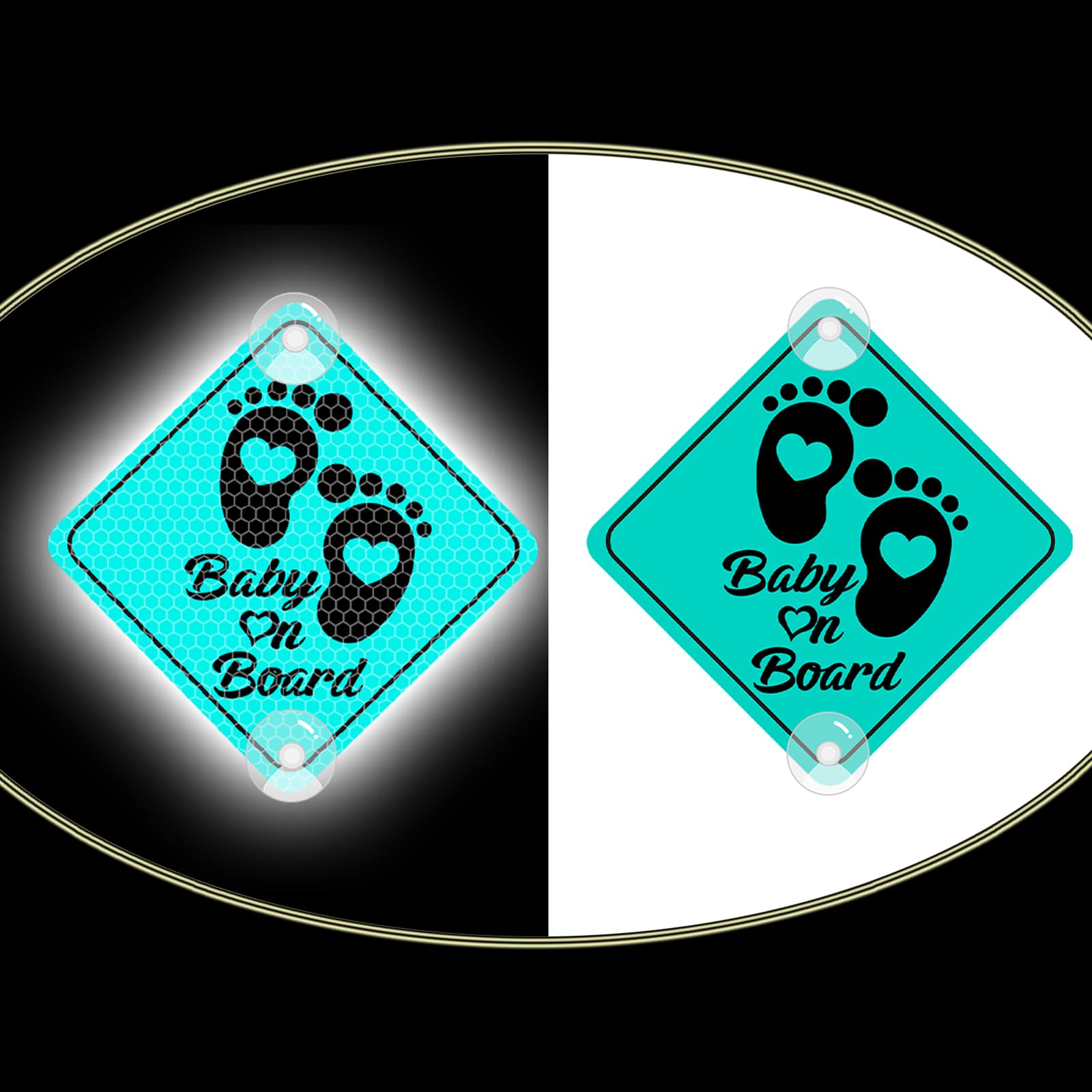 Nouiroy Double-Side Baby on Board Sign with Suction Cups, Reflective Surf Baby On Board PVC Car Decals Cute Reflective Baby Safety Warning Car Decal,4.72x4.72 in (Love Feet, Mint Green)