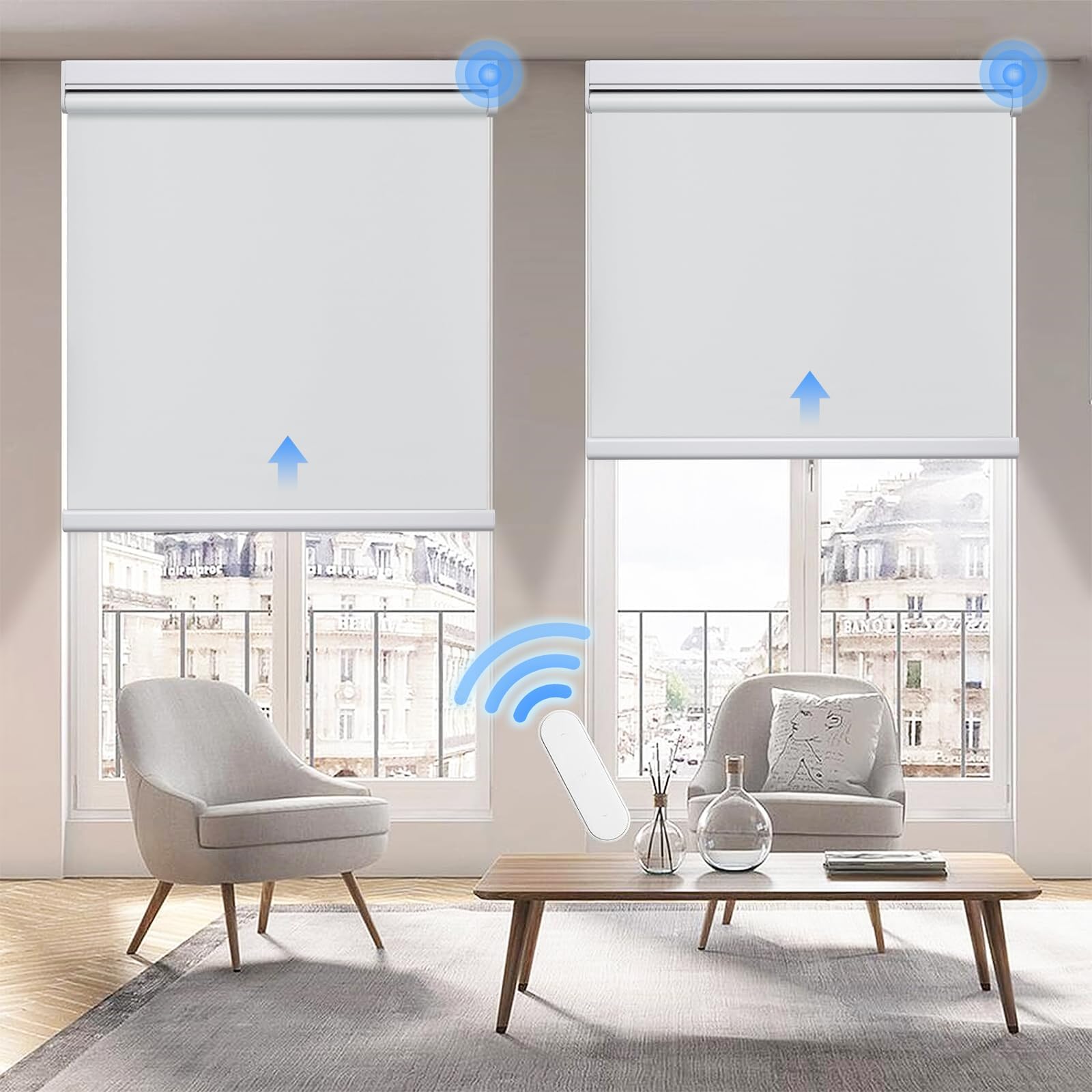 Grandekor Motorized Blinds with Remote Control, Blackout Roller Shade Electric Shades Cordless Smart Blinds for Bedroom Living Room Office,White,W29xH72