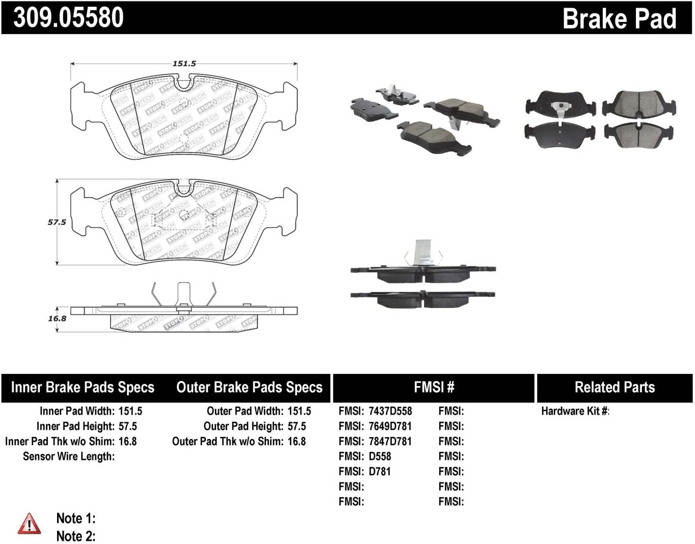 StopTech 309.05580 Sport Brake Pads with Shims and Hardware