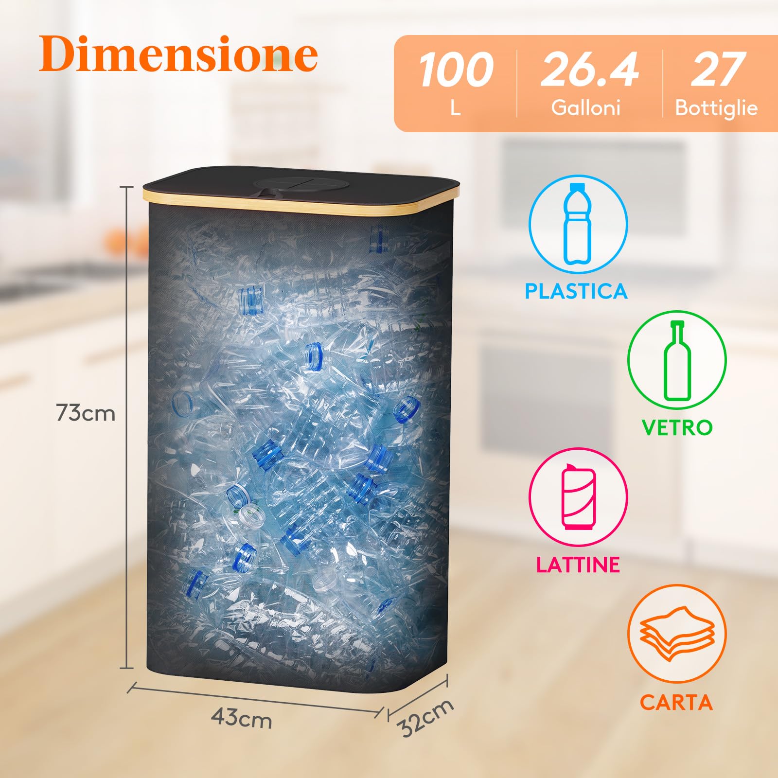 Lifewit Pattumiera Raccolta Differenziata 100 L Portatile, Contenitore per Bottiglie di Vetro e Plastica, Grande Bidone in Bambù per la Raccolta Selettiva, Nero