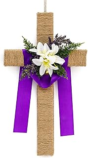 Fangoo 15.8 x 9 inches Easter Wooden Cross Door Sign Large Religious Cross Wreaths Hanger Decor Christian Jesus Lily Flowers for Front Door Wall Hanging Porch Decor Spring Farmhouse Decorations