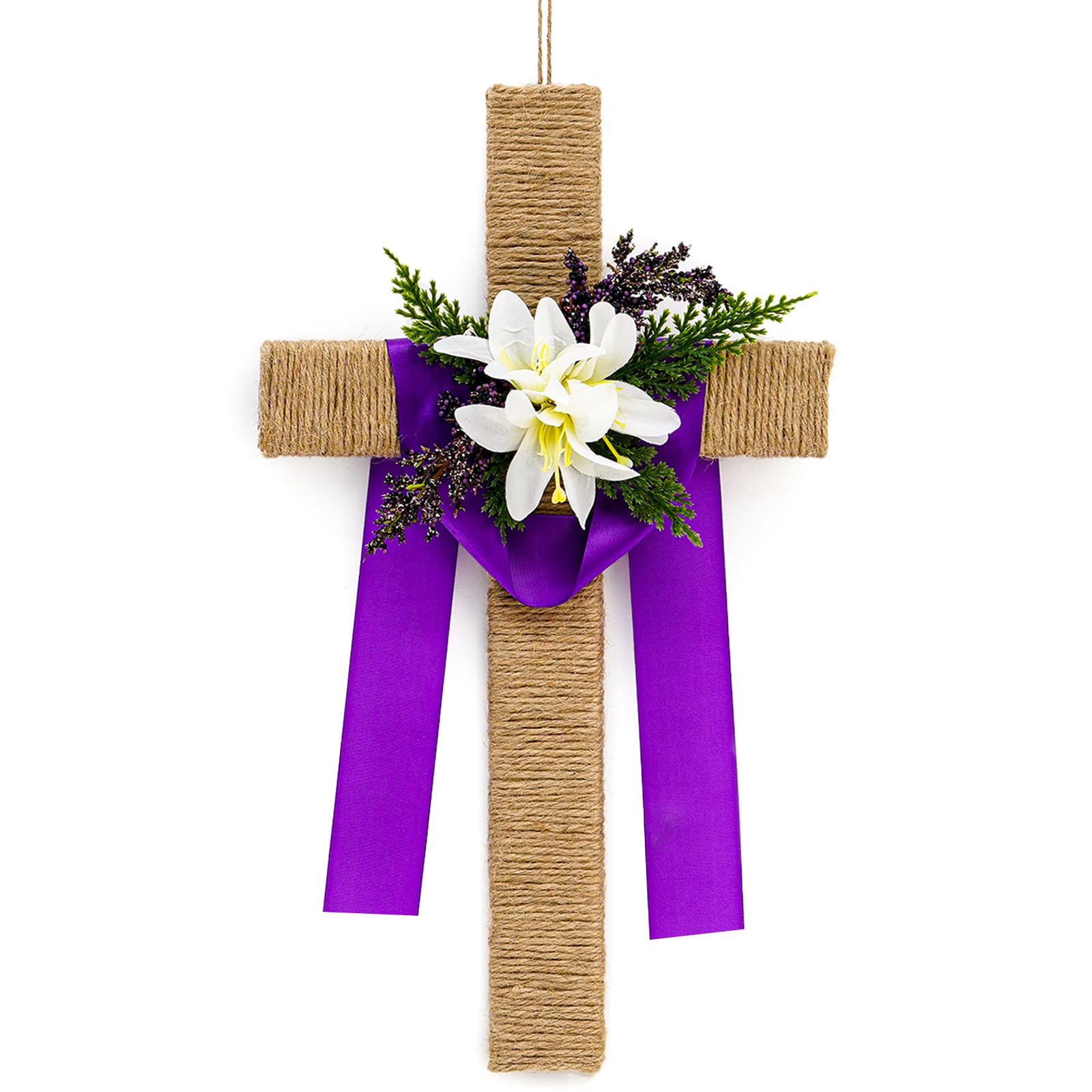 Croix en bois suspendue avec lys blancs pour porte de Pâques