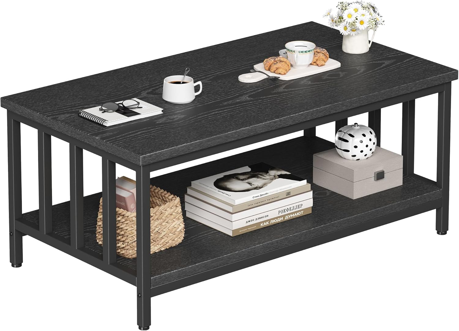 Coffee Table for Living Room with Slatted Sides Frame, Modern Farmhouse Living Room Table with 2-Tier Storage Shelf for Home Office, Apartment, 39 inch, Black