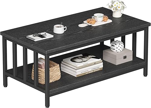 Miniatura 8 de Homeiju - Mesa de café para sala de estar con marco lateral a lamas, mesa moderna de granja para sala de estar con estante de almacenamiento de 2