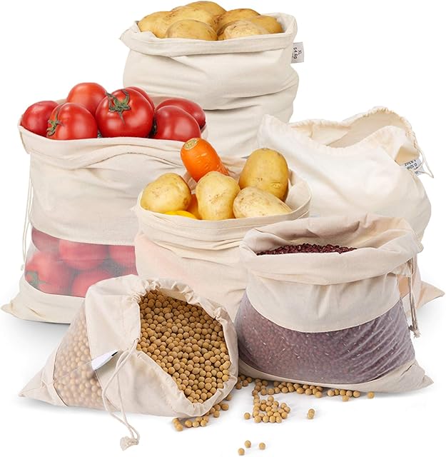 Large Reusable Produce Bags Organic Cotton Bags with Drawstring/Fruit and Vegetable Patato Storage Bags/Eco Friendly Muslin Bags for Kitchen Grocery Shopping 6Pcs