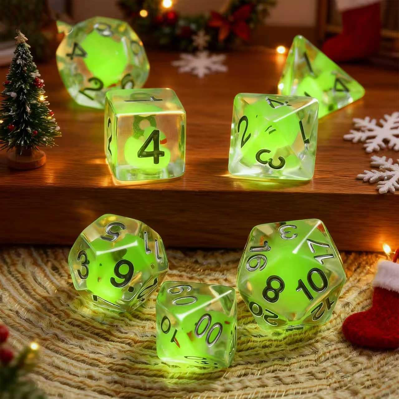 7-Piece Duck Dice Set with Velvet Bag, Green Translucent Polyhedral RPG Dice for Dungeons and Dragons, Board Games, Tabletop Gaming, Love Theme, Adult Collector's Gift