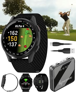 Garmin Approach S50 Golf GPS Smartwatch Slate Aluminum Bezel with Black ComfortFit Nylon Band with Wearable4U Power Bank Bundle