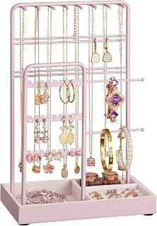 SONGMICS Soporte para Joyas, Organizador de Joyas, Expositor de Joyas, Marco de Metal, Bandeja de Terciopelo, para Collares, Pulseras, Anillos, Regalo, Rosa Jalea JJS021R01