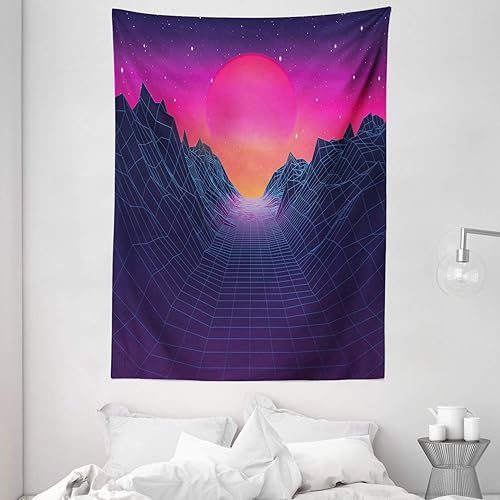 Miniatura 2 de Ambesonne Synthwave Tapestry, 80's Artwork Illustration of Grid Mountains and Sun Ombre Sky, Wall Hanging for Bedroom Living Room Dorm Decor, 60" X