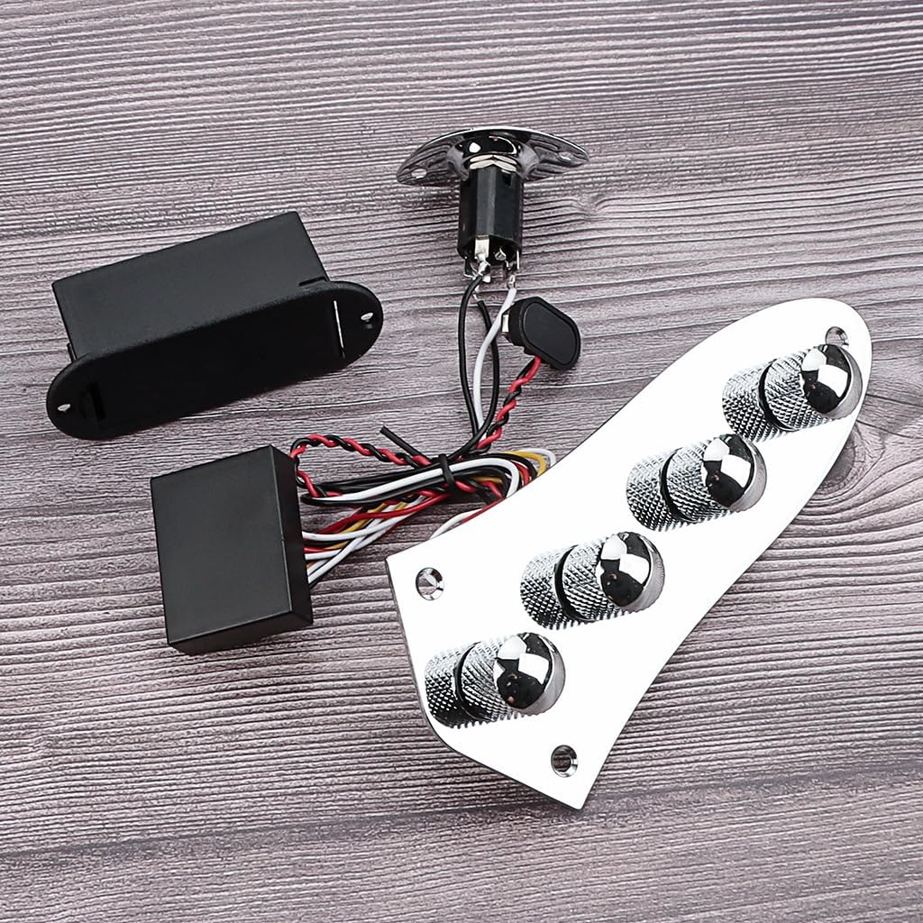 Guitar Prewired Control Plate Loaded Control Board with Wiring Harness Fit for Jazz Bass Guitar Replacement Parts,Come with Metal Knobs,Potentiometers,Crcuit Set for Electric Guitar Preamp Silver