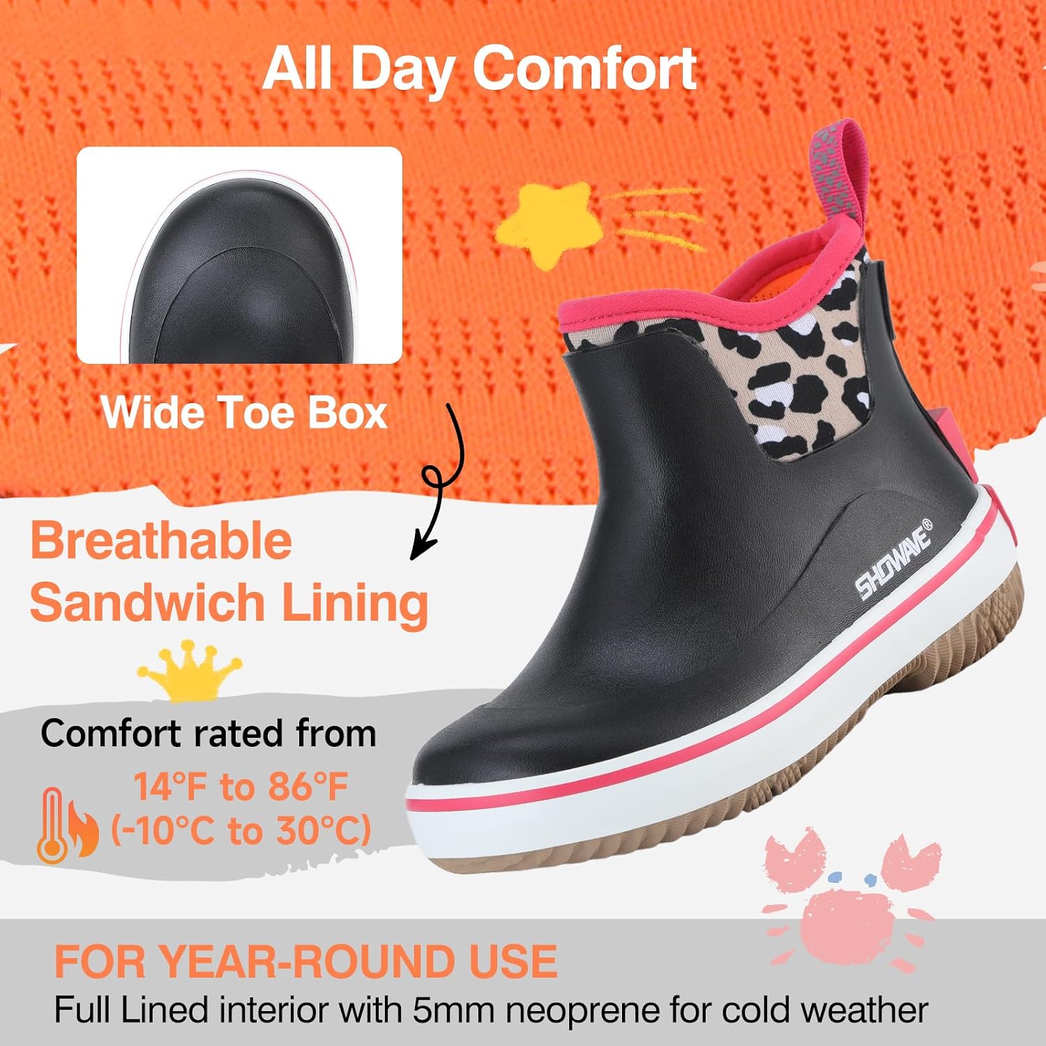 Showave Kid's Rain Boots Lightweight Rubber Waterpoof Mud Booties Toddlers Boys Girls Deck Boots Easy-on Rain Shoes