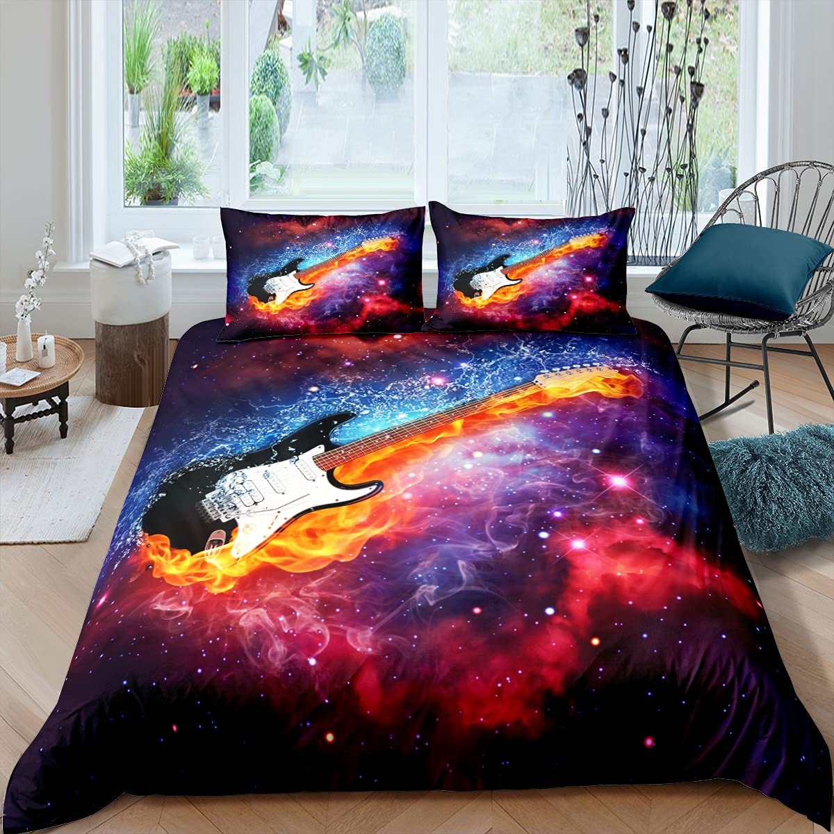 Rock Guitar Duvet Cover King Size,Hip Hop Music Theme Bedding Set For Kids Boys Girls Teens Colorful Nebulas Sky Starry Comforter Cover Trippy Ice Fire Quilt Cover With 2 Pillow Cases — image 1