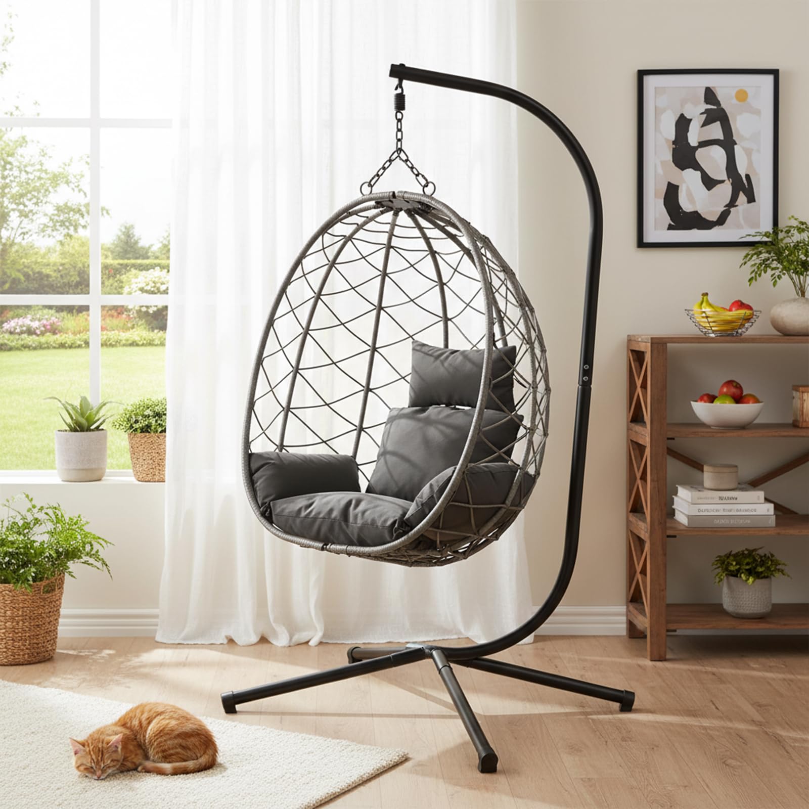 Hängesessel mit Gestell bis 150kg,Inkl. Kissen,Outdoor und Indoor Hängematte,Kinder & Erwachsene Egg Chair,Relax-Stuhl für Wohnzimmer, Balkon,Garten,Terasse,Kinderzimmer,Grau