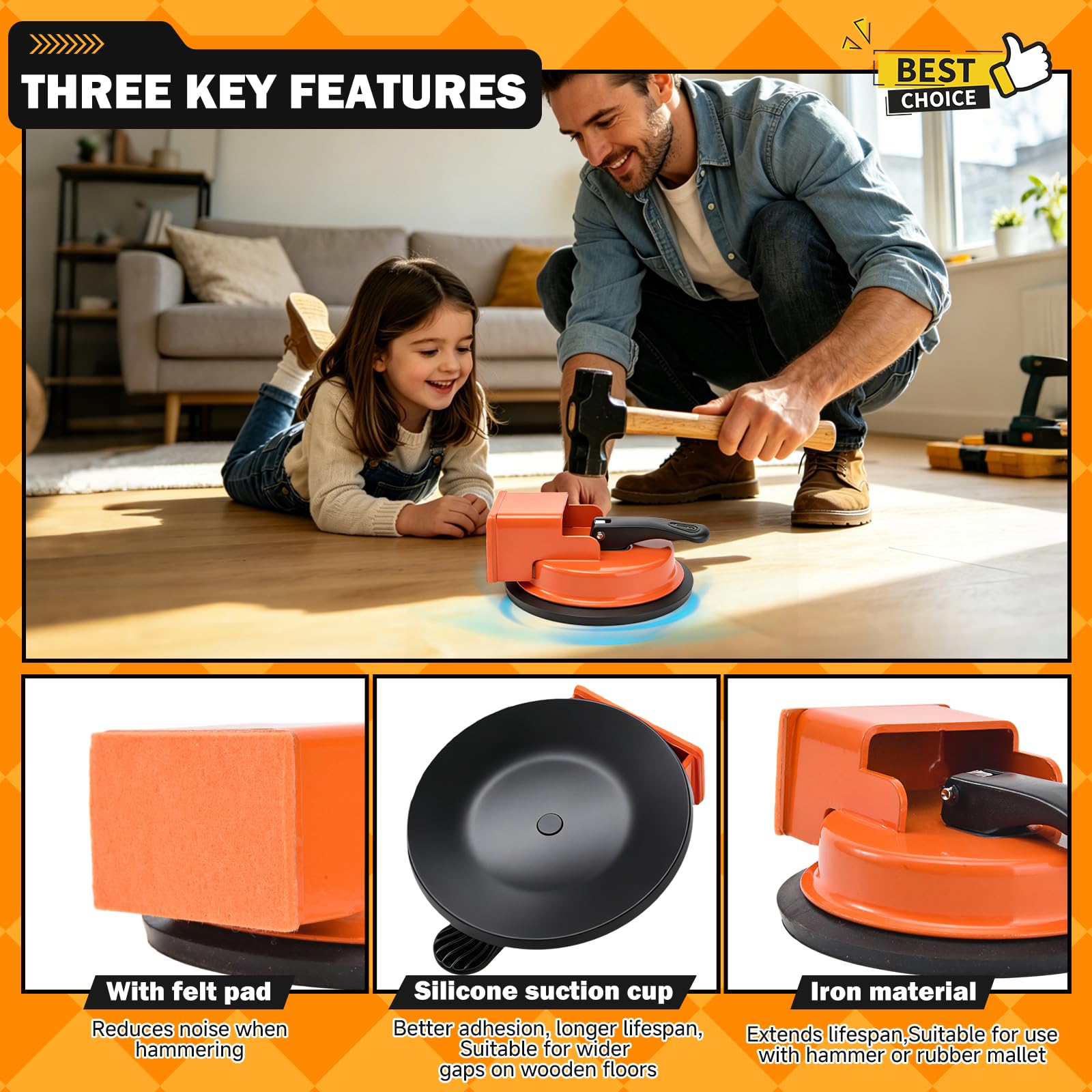 Strumento di Posa per Pavimenti in Laminato con Ventosa, Kit Riparazione Pavimenti con Ventosa – Attrezzo per Chiudere Fessure Pavimento, ad alta presa, per Laminato, Vinile, Parquet