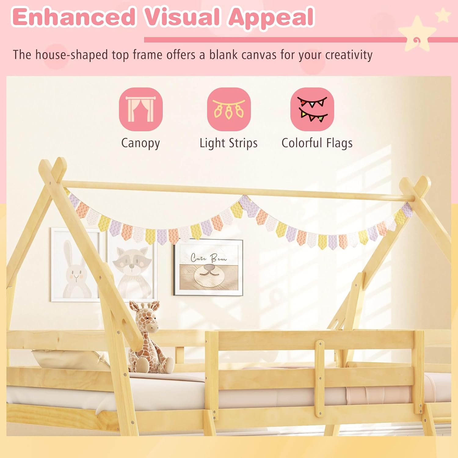 Image showing the house-shaped frame of the bunk bed decorated with lights and banners.